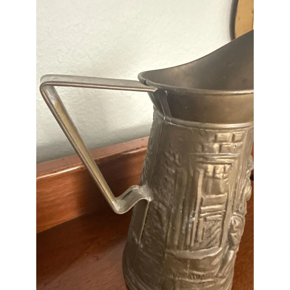 English Brass Pitcher Embossed with Pub Scene Made in England Mid Century‎ MCM
